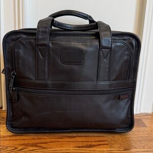 TUMI | Alpha Leather Briefcase | Black Multi-Zip Laptop Bag | OS